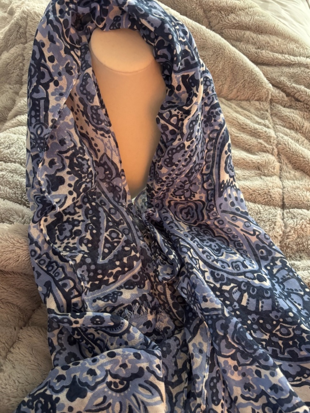 Blue & Cream Paisley Cotton Scarf Lightweight Oversized 77” x 27”